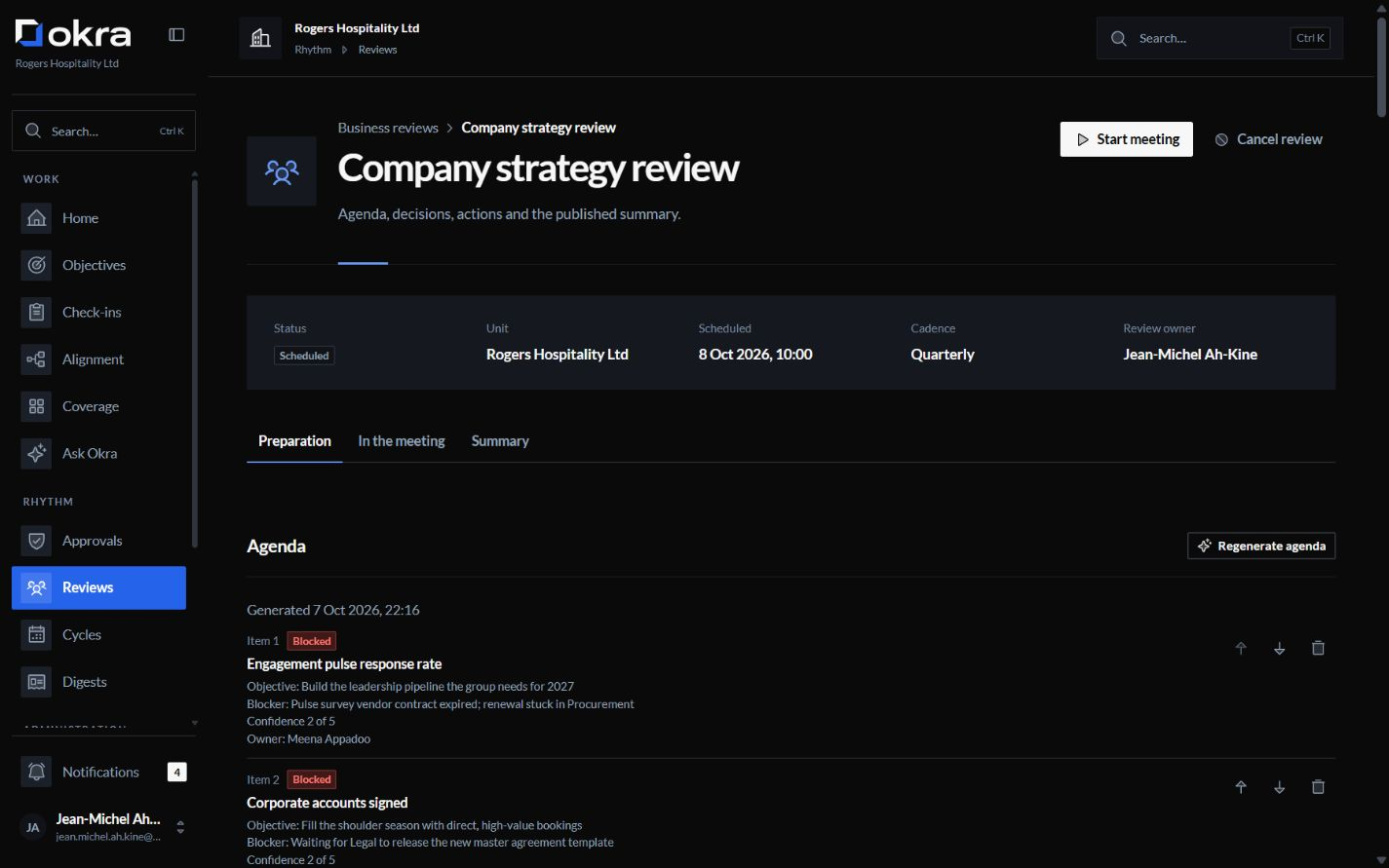 A business review being prepared: the agenda Okra generated from the objectives, item by item, starting with what is blocked and where confidence dropped.